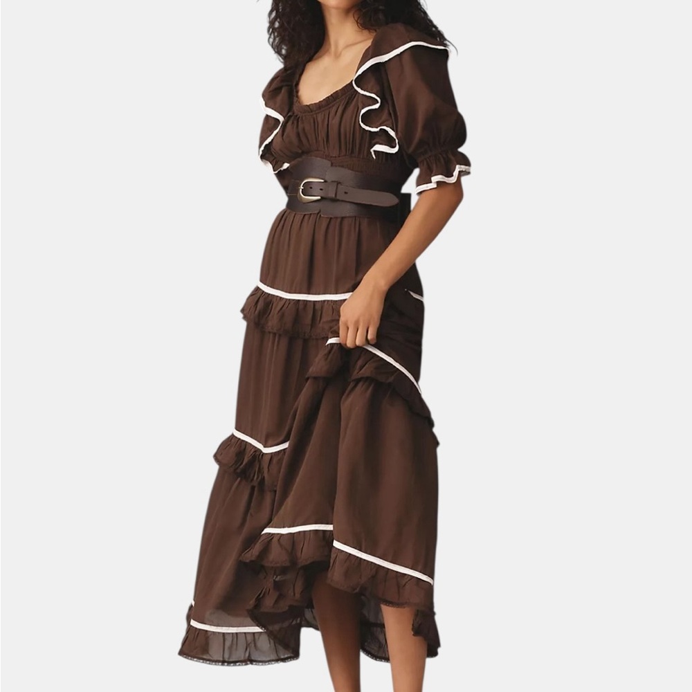 Anthropologie Dark Brown Puff Sleeve Maxi Dress